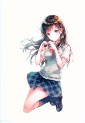 Rule 34 | 1girl, absurdres, black socks, blush, bow, bowtie, breasts, brown eyes, brown hair, closed mouth, full body, heart, heart hands, highres, hiten (hitenkei), loafers, long hair, looking at viewer, medium breasts, original, pleated skirt, sano mana, scan, school uniform, shoes, short sleeves, simple background, skirt, smile, socks, solo, sweater vest, white background