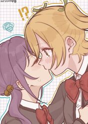 Rule 34 | !?, 2girls, bell, blonde hair, blush, bow, bowtie, chocomint 1031, closed eyes, closed mouth, clothes grab, collared shirt, commentary request, daiba nana, ear blush, facing another, from side, green eyes, green ribbon, grey jacket, grid background, hair bell, hair between eyes, hair ornament, hair ribbon, hand up, height difference, highres, hoshimi junna, jacket, jacket grab, jingle bell, kiss, long hair, long sleeves, looking at another, low ponytail, multiple girls, no eyewear, nose blush, open clothes, open jacket, profile, purple hair, red bow, red bowtie, ribbon, school uniform, seishou music academy uniform, shirt, short hair, shoujo kageki revue starlight, side ponytail, squiggle, sweatdrop, twintails, twitter username, upper body, white background, white shirt, wide-eyed, yuri