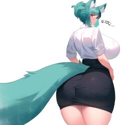 Rule 34 | 1girl, animal ears, aqua hair, ass, black skirt, blush, borrowed character, breasts, curvy, haru feng, highres, huge ass, huge breasts, large tail, looking at viewer, looking back, original, ponytail, red eyes, short hair, skirt, solo, tail, thick thighs, thighs, white background, wide hips, wolf ears, wolf girl, wolf tail