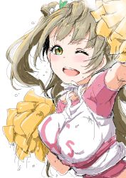 Rule 34 | 10s, 1girl, arm up, bad id, bare shoulders, bouncing breasts, bow, breasts, brown hair, cheerleader, clearite, covered erect nipples, green eyes, hair bow, happy maker!, highres, light brown hair, long hair, looking at viewer, love live!, love live! school idol project, medium breasts, minami kotori, multicolored eyes, one eye closed, open mouth, pom pom (cheerleading), side ponytail, simple background, sketch, smile, solo, white background, yellow eyes