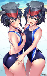 Rule 34 | 2girls, ass, asymmetrical hair, back, black hair, blue one-piece swimsuit, blush, breasts, brown eyes, collarbone, commission, competition swimsuit, dated, day, embarrassed, gloves, hair between eyes, headphones, highres, i-13 (kancolle), i-14 (kancolle), kantai collection, looking at viewer, multiple girls, one-piece swimsuit, outdoors, partially fingerless gloves, pool, poolside, rei no pool, short hair, signature, skeb commission, small breasts, smile, swimsuit, thighs, tsuchimiya, water