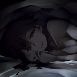 Rule 34 | 1girl, bed, bed sheet, blue eyes, breasts, dark, houshou (kancolle), kantai collection, long hair, lying, nude, on bed, on side, open mouth, ponytail, pov across bed, solo, susumu, under covers