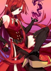 Rule 34 | 1boy, black footwear, black gloves, black vest, boots, brooch, closed mouth, dress, elsword, eyepatch, fire, gem, gloves, high heel boots, high heels, highres, jewelry, long hair, looking at viewer, male focus, nishiirei9522, purple fire, red dress, red gemstone, red hair, rosso (elsword), solo, thigh boots, very long hair, vest