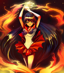 Rule 34 | &gt;:), 1990s (style), 1girl, arms up, bad deviantart id, bad id, bishoujo senshi sailor moon, black hair, bow, earrings, elbow gloves, fire, gloves, hino rei, jewelry, long hair, multicolored eyes, red skirt, retro artstyle, sailor collar, sailor mars, skirt, sleeveless, smile, solo, star (symbol), surlaluna, v-shaped eyebrows, very long hair, white gloves