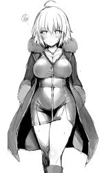 Rule 34 | ahoge, bad id, bad twitter id, blue gk, coat, dress, fate/grand order, fate (series), fur-trimmed jacket, fur trim, greyscale, highres, inactive account, jacket, jeanne d&#039;arc (fate), jeanne d&#039;arc alter (fate), jeanne d&#039;arc alter (ver. shinjuku 1999) (fate), monochrome, official alternate costume, open clothes, open jacket, short dress, short hair, sketch, solo, wicked dragon witch ver. shinjuku 1999