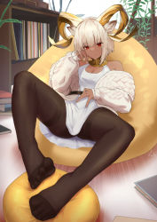 Rule 34 | 1girl, animal ear fluff, animal ears, arknights, bare shoulders, bean bag chair, beeswax (arknights), beeswax (weisser sand) (arknights), beeswax (weisser sand) (arknights) (cosplay), black pantyhose, book, breasts, cardigan, carnelian (arknights), closed mouth, commentary, cosplay, dark-skinned female, dark skin, dorsiflexion, english commentary, feet, foot focus, foreshortening, full body, goat ears, goat girl, goat horns, hand on own cheek, hand on own face, hand on own stomach, highres, horns, indoors, knee up, legs, long sleeves, looking at viewer, lying, medium breasts, nev (nevblindarts), no shoes, off shoulder, official alternate costume, on back, open cardigan, open clothes, pantyhose, plant, puffy long sleeves, puffy sleeves, red eyes, shirt, short hair, sleeveless, sleeveless shirt, solo, thighband pantyhose, white cardigan, white hair, white shirt