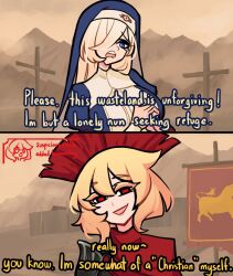 Rule 34 | 2girls, 2koma, armor, banner, blonde hair, blue eyes, breasts, bull, cape, centurii-chan, centurii-chan (artist), comic, cross, crucifix, day, english text, fake screenshot, fallout (series), fallout: new vegas, female focus, gameplay mechanics, greco-roman clothes, habit, hair over one eye, large breasts, legionnaire, long hair, looking at another, marvel, medium hair, meme, mountain, multiple girls, nun, open mouth, outdoors, own hands clasped, red cape, red eyes, roman clothes, roman empire, scene reference, short hair, sky, smug, smug smile, spider-man (series), spider-man 1 (2002), standing, subtitled, tearing up