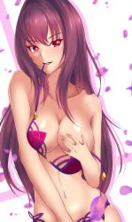Rule 34 | 1girl, :d, absurdres, bikini, bikini top only, breasts, cleavage, covering privates, covering one breast, fate/grand order, fate (series), hair between eyes, haneramu, highres, long hair, looking at viewer, medium breasts, mouth hold, navel, open mouth, purple hair, red bikini, red eyes, scathach (fate), scathach (fate/grand order), scathach (swimsuit assassin) (fate), shiny skin, smile, solo, straight hair, swimsuit, untied bikini, upper body, very long hair, white background