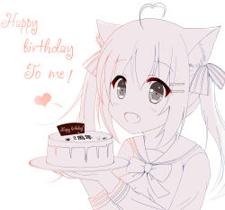 Rule 34 | 1girl, :d, ahoge, animal ears, birthday, blush, bow, cake, cat ears, cat girl, commentary request, english text, fang, food, hair between eyes, hair ornament, hair ribbon, hairclip, happy birthday, heart, heart ahoge, highres, holding, holding plate, long hair, long sleeves, looking away, monochrome, open mouth, original, paw print, plate, ribbon, school uniform, serafuku, sidelocks, simple background, smile, solo, tareme, translation request, twintails, upper body, white background, xiaosamiao