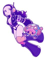 Rule 34 | 1boy, 1girl, avotoma3, black hair, black jacket, boots, breasts, cleavage, full body, headset, highres, jacket, large breasts, long hair, looking at another, nico robin, nico robin (egghead), one piece, revealing clothes, shiny skin, thighs, tony tony chopper