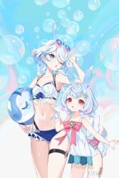 2girls :o ;o absurdres ahoge alternate_costume animal_ears ball beachball bikini blue_eyes blue_hair blue_panties blue_pupils bow breasts bubble collarbone commentary cowboy_shot drop-shaped_pupils eyewear_on_head furina_(genshin_impact) genshin_impact hair_between_eyes hand_up highres light_blue_hair light_blush looking_at_viewer medium_hair multicolored_hair multiple_girls navel one-piece_swimsuit one_eye_closed panties rabbit_ornament red_bow red_eyes round_eyewear sigewinne_(genshin_impact) small_breasts stomach streaked_hair swimsuit symbol-shaped_pupils tail thigh_strap tinted_eyewear underwear white_bikini white_hair white_one-piece_swimsuit yu-ri_(arium047)