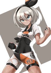 Rule 34 | 1girl, bea (pokemon), black bodysuit, black hairband, bodysuit, bodysuit under clothes, bow hairband, breasts, clenched hand, closed mouth, collared shirt, commentary, cowboy shot, creatures (company), dynamax band, frown, game freak, gloves, grey hair, hair between eyes, hairband, highres, holding, holding poke ball, kumasan (kumazonjp), legs apart, nintendo, partially fingerless gloves, poke ball, pokemon, pokemon swsh, print shirt, print shorts, shirt, short sleeves, shorts, side slit, side slit shorts, single glove, solo, split mouth, ultra ball
