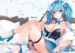 Rule 34 | 1girl, :o, absurdres, anklet, anzu (x anzu ill), arm at side, bare shoulders, black shirt, blue eyes, blue footwear, blue hair, blue nails, blue skirt, blush, breasts, cleavage, detached collar, dot nose, feather boa, full body, gradient skirt, hand up, hatsune miku, high heels, highres, holding, holding wand, jewelry, knees together feet apart, large breasts, leaning back, long hair, looking at viewer, miniskirt, nail polish, on bed, open mouth, pillow, pleated skirt, shirt, sidelocks, signature, simple background, sitting, skindentation, skirt, solo, star (symbol), strapless, strapless shirt, thigh strap, twintails, vocaloid, wand, white background