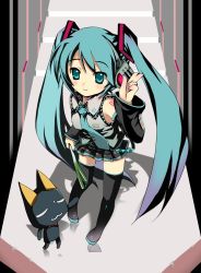 Rule 34 | 1girl, aqua eyes, aqua hair, aqua nails, black cat, cat, crossover, doko demo issho, hatsune miku, headphones, headset, kuro (doko demo issho), legs, long hair, md5 mismatch, nail polish, necktie, resolution mismatch, salute, skirt, smile, solo, source larger, spring onion, stairs, thighhighs, tomusooya, twintails, two-finger salute, v, very long hair, vocaloid