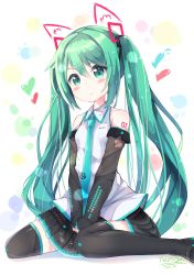 Rule 34 | 10s, 1girl, 2016, :&lt;, artist name, blush, dated, detached sleeves, green eyes, green hair, hatsune miku, highres, long hair, looking at viewer, matching hair/eyes, namuya (dlcjfgns456), necktie, sitting, skirt, solo, thighhighs, twintails, very long hair, vocaloid