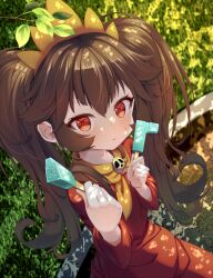 Rule 34 | 1girl, ascot, ashley (warioware), black hair, blush, branch, dappled sunlight, double popsicle, dress, food, headdress, highres, holding, holding food, holding popsicle, jewelry, leaf, looking at viewer, matchamassa, necklace, nintendo, outdoors, popsicle, popsicle stick, red eyes, sitting, skull necklace, solo, sunlight, sweatdrop, twintails, warioware