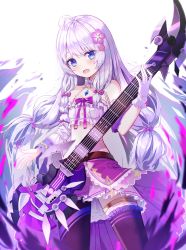 Rule 34 | 1girl, :d, ahoge, asymmetrical wings, bare shoulders, black thighhighs, blue eyes, blurry, blurry foreground, blush, bow, collarbone, commentary request, crop top, depth of field, detached sleeves, electric guitar, flower, frilled skirt, frills, glowing, guitar, hair bow, hair flower, hair ornament, halterneck, halterneck, highres, holding, holding instrument, instrument, korean commentary, long hair, long sleeves, looking at viewer, open mouth, pink flower, pink skirt, purple bow, seero, silver hair, single thighhigh, skirt, smile, solo, soulworker, star (symbol), star hair ornament, stella unibell, thighhighs, very long hair, white background, white sleeves, wide sleeves, wings