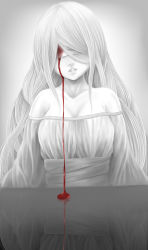 Rule 34 | 1girl, bad id, bad pixiv id, bandages, bandages over eyes, bare shoulders, blood, bloody tears, breasts, chitekkurin, cleavage, collarbone, covered eyes, crying, dress, greyscale, hair over eyes, highres, large breasts, lips, long hair, medium breasts, monochrome, nose, original, parted lips, reflection, solo, spot color, strapless, strapless dress, streaming tears, tears, teeth, upper body, very long hair