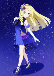 Rule 34 | 1girl, absurdres, blonde hair, blue background, blue dress, blue hairband, blunt bangs, braid, closed mouth, commentary request, creatures (company), dress, elbow gloves, eyelashes, flower, full body, game freak, gloves, green eyes, hair flower, hair ornament, hairband, hand up, high heels, highres, knees, lillie (anniversary 2021) (pokemon), lillie (pokemon), long hair, nemunemu 0826, nintendo, official alternate costume, pokemon, pokemon masters ex, red flower, smile, solo, standing, twin braids, white gloves