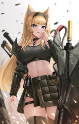 Rule 34 | 1girl, absurdres, animal ear fluff, animal ears, arknights, black hairband, blonde hair, blush, breasts, brown thighhighs, elite ii (arknights), gongbangmanchi (daisy cutter), green eyes, grey background, hairband, hand up, highres, horn (arknights), jewelry, large breasts, long hair, long sleeves, looking at viewer, midriff, navel, necklace, parted lips, thigh strap, thighhighs, thighs
