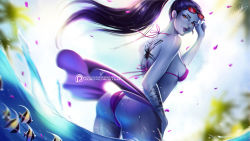 Rule 34 | 1girl, ass, back, back tattoo, bikini, blue skin, breasts, colored skin, earrings, eyewear on head, fish, from behind, high ponytail, jewelry, lipstick, long hair, makeup, nail polish, ocean, olchas, overwatch, overwatch 1, paid reward available, patreon username, ponytail, purple bikini, purple lips, purple skin, sarong, sideboob, solo, strap gap, stud earrings, sunglasses, swimsuit, tattoo, watermark, web address, wet, widowmaker (overwatch)