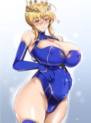 Rule 34 | 1girl, ahoge, artoria pendragon (fate), artoria pendragon (lancer) (fate), blue gloves, blue leotard, blue thighhighs, blush, braid, braided bun, breasts, cleavage, covered erect nipples, covered navel, crown, elbow gloves, fate/grand order, fate (series), female focus, french braid, gloves, green eyes, hair between eyes, hair bun, heart, heattech leotard, highleg, highleg leotard, kumakichi (cost-lost), large breasts, leotard, long hair, pregnant, sidelocks, smile, solo, swept bangs, thighhighs, turtleneck