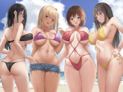 Rule 34 | 4girls, ass, bangs, beach, bikini, black eyes, black hair, blonde hair, blush, breasts, breasts apart, brown hair, butt crack, cccpo, cleavage, cloud, day, eyebrows hidden by hair, feet out of frame, female focus, groin, highres, large breasts, legs, long hair, looking at viewer, multiple girls, navel, ocean, open mouth, orange eyes, original, outdoors, red eyes, short hair, short shorts, shorts, sideboob, sky, smile, standing, suzuame yatsumi, sweat, swimsuit, thighs, water