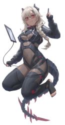 Rule 34 | 1girl, absurdres, black bodysuit, blush, bodysuit, braid, braided ponytail, breasts, cable, covered navel, free style (yohan1754), glasses, gloves, hair ornament, hairclip, highres, indie virtual youtuber, long hair, long sleeves, looking at viewer, medium breasts, nail polish, partially fingerless gloves, red eyes, saruei (vtuber), silver hair, simple background, smile, solo, stirrup legwear, stylus, tablet pc, tail, toeless legwear, virtual youtuber, white background