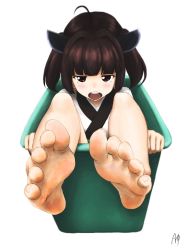 Rule 34 | 1girl, ahoge, barefoot, brown hair, feet, japanese clothes, long hair, looking at viewer, open mouth, red eyes, soles, toes, touhoku kiritan, voiceroid