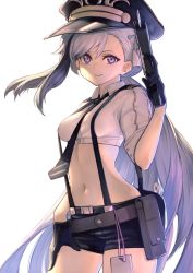 Rule 34 | 1girl, azur lane, belt, belt pouch, black gloves, black hat, black shorts, breasts, collared shirt, cowboy shot, crop top, gloves, hair ornament, hand on own thigh, hand up, hat, highres, holding, itaco, long hair, looking at viewer, low ponytail, medium breasts, midriff, minsk (azur lane), minsk (thunderous jailor) (azur lane), multicolored hair, navel, necktie, peaked cap, pouch, purple eyes, shirt, short shorts, short sleeves, shorts, silver hair, simple background, smile, solo, stomach, suspenders, taser, tassel, two-tone hair, very long hair, white background, white shirt