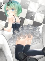 Rule 34 | 1girl, alternate costume, antennae, aqua hair, ass, bare shoulders, black thighhighs, blue eyes, checkered background, couch, dress, female focus, frilled dress, frills, from behind, gathers, gradient hair, green hair, highres, kneeling, legs, lolita fashion, looking at viewer, looking back, mikoma sanagi, multicolored hair, no panties, revision, shoes, short hair, solo, thighhighs, touhou, wriggle nightbug