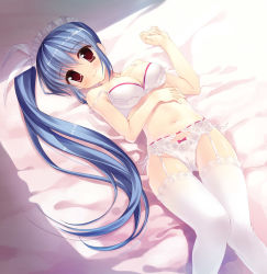 Rule 34 | 1girl, bad id, bad pixiv id, bed, blue hair, blush, bow, bow panties, bra, breasts, cameltoe, cleavage, from above, garter belt, garter straps, hair ribbon, ichapuri!, lace, lace-trimmed legwear, lace bra, lace panties, lace trim, lingerie, long hair, lying, maid headdress, on back, panties, ponytail, red eyes, ribbon, side-tie panties, side ponytail, smile, solo, strap slip, thigh gap, thighhighs, thighs, underwear, underwear only, very long hair, wakatsuki sumireko, white bra, white panties, white thighhighs, yamakaze, yamakaze ran