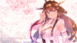 Rule 34 | 1girl, ahoge, bare shoulders, breasts, brown hair, check commentary, cherry blossoms, commentary, commentary request, detached sleeves, double bun, hair bun, hand in own hair, headgear, kantai collection, key kun, kongou (kancolle), kongou kai ni (kancolle), large breasts, long hair, looking at viewer, nontraditional miko, smile, solo, upper body
