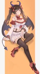 Rule 34 | 1girl, black thighhighs, breasts, brown hair, cleavage, closed mouth, commentary, demon girl, demon horns, demon tail, demon wings, detached collar, detached sleeves, drone (drone 37), full body, hair ribbon, highres, horns, invisible chair, large breasts, long hair, long sleeves, looking at viewer, midriff, neck ribbon, orange background, orange eyes, original, pillarboxed, pleated skirt, red footwear, red ribbon, ribbon, shirt, sitting, skirt, smile, solo, stomach tattoo, symbol-only commentary, tail, tattoo, thighhighs, twintails, white shirt, white skirt, wings