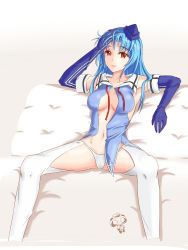 Rule 34 | 1girl, absurdres, artist request, blue hair, breasts, elbow gloves, gloves, hand on own head, hat, highres, long hair, looking at viewer, neng miao jun kuma, open clothes, panties, quincy (warship girls r), red eyes, sitting, solo, spread legs, thighhighs, underwear, untied, warship girls r, white panties, white thighhighs