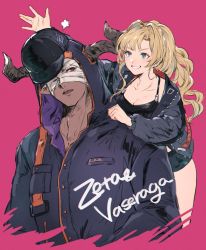 Rule 34 | 1boy, 1girl, alternate costume, alternate hairstyle, bandaged head, bandages, baseball cap, black headwear, blonde hair, blue eyes, breasts, camisole, character name, cleavage, collarbone, commentary request, dark skin, draph, granblue fantasy, hat, highres, hood, hooded jacket, horns, jacket, long hair, long sleeves, looking to the side, medium breasts, one eye covered, open mouth, outstretched arm, pink background, pocket, puffy sleeves, red eyes, shimatani azu, short shorts, shorts, smile, teeth, upper body, vaseraga, zeta (granblue fantasy)