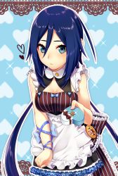 Rule 34 | 1girl, apron, aqua eyes, bad id, bad pixiv id, blue background, blue eyes, blue hair, blush, box, breasts, brown dress, cleavage, closed mouth, dress, frilled apron, frills, hair between eyes, heart, heart-shaped box, heart background, highres, incoming gift, long hair, looking at viewer, medium breasts, mother (pso2), phantasy star, phantasy star online 2, sakura chiyo (konachi000), sidelocks, solo, striped clothes, striped dress, upper body, valentine, vertical-striped clothes, vertical-striped dress, very long hair