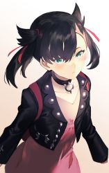 Rule 34 | 1girl, asymmetrical bangs, black choker, black hair, black jacket, blush, choker, closed mouth, collarbone, creatures (company), dress, frown, game freak, gradient background, green eyes, grey background, hair between eyes, hair ribbon, highres, jacket, long hair, long sleeves, lor (roasyerizyonirapi), marnie (pokemon), nintendo, open clothes, open jacket, pink dress, pokemon, pokemon swsh, red ribbon, ribbon, solo, standing, twintails, two side up