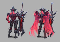 Rule 34 | 1boy, aatrox, absurdres, armored boots, boots, colored skin, davidsyk, from behind, full body, grey background, helmet, highres, holding, holding weapon, league of legends, male focus, multiple views, muscular, muscular male, red skin, red wings, simple background, standing, weapon, wings
