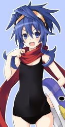 Rule 34 | 1girl, adjusting clothes, black one-piece swimsuit, blue eyes, blue hair, blush, flat chest, goggles, goggles on head, innertube, iwashi dorobou -r-, looking at viewer, neptune (series), nippon ichi (neptunia), one-piece swimsuit, open mouth, red scarf, scarf, short hair with long locks, solo, standing, swim ring, swimsuit