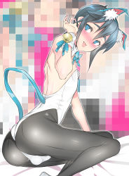 Rule 34 | 1boy, :q, androgynous, animal ears, ass, back-seamed legwear, bell, black hair, black pantyhose, blue eyes, blush, bow, bowtie, bulge, cat boy, cat ears, cat tail, censored, coin rand, crossdressing, detached collar, fake animal ears, kittysuit, leotard, long hair, looking at viewer, looking back, male focus, male playboy bunny, naughty face, nontraditional playboy bunny, original, pantyhose, playboy bunny, seamed legwear, short hair, smile, solo, tail, tongue, tongue out, trap, wrist cuffs