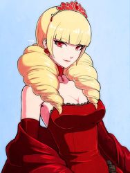 Rule 34 | 1girl, bare shoulders, blonde hair, choker, closed mouth, crown, dress, drill hair, earrings, jewelry, long hair, looking at viewer, mini crown, red dress, red eyes, rose bernstein, smile, snk, solo, tb (spr1110), the king of fighters, twin drills, twintails