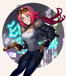 Rule 34 | 10s, 1girl, blue eyes, breasts, cleavage, fate/extra, fate (series), fingerless gloves, francis drake (fate), fur, gloves, grin, gun, highres, jacket, long hair, open mouth, pants, pink hair, ponytail, scar, sunglasses, weapon