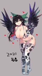 Rule 34 | 1girl, 2021, absurdres, animal print, bikini, bird wings, black hair, black wings, bow, breasts, chinese zodiac, cleavage, closed mouth, cow print, elbow gloves, closed eyes, facing viewer, gloves, green bow, grey background, hair bow, heart, highres, huge breasts, large breasts, long hair, micro bikini, mikomo0106, reiuji utsuho, side-tie bikini bottom, skindentation, smile, solo, swimsuit, thighhighs, touhou, wings, year of the ox