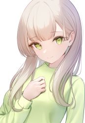 Rule 34 | 1girl, breasts, cleavage, commentary request, green eyes, green sweater, hand on own chest, highres, light brown hair, long hair, long sleeves, looking at viewer, original, simple background, small breasts, smile, solo, sweater, upper body, white background, yayoi (yay0ee)
