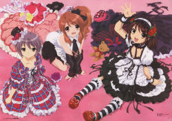 Rule 34 | 3girls, asahina mikuru, breasts, brown eyes, brown hair, cleavage, closed mouth, collared shirt, dress, flower, gothic lolita, hair between eyes, hair flower, hair ornament, hairband, hat, highres, ikeda shouko, lolita fashion, long hair, looking at viewer, medium breasts, multicolored clothes, multicolored dress, multicolored neckwear, multiple girls, nagato yuki, official art, open mouth, purple flower, purple hair, red flower, red footwear, scan, shirt, short hair, small breasts, smile, socks, striped clothes, striped legwear, striped socks, stuffed animal, stuffed toy, suzumiya haruhi, suzumiya haruhi no yuuutsu, teddy bear, yellow flower