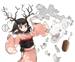 Rule 34 | !, 10s, 1girl, 2012, antlers, black eyes, commentary request, dragon, eastern dragon, happy new year, horns, japanese clothes, kasa (hitori sanka), kimono, new year, obi, original, pointy ears, sash, spoken exclamation mark, sweatdrop, white background, wide sleeves