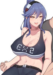 Rule 34 | 1boy, 1girl, azur lane, band-width, belt, blue hair, blue pants, breasts, collarbone, commission, covered erect nipples, essex (a trip down route 66) (azur lane), essex (azur lane), highres, holding hands, large breasts, navel, open mouth, pants, ponytail, sitting, smile, strangulation mark, tank top, yellow eyes