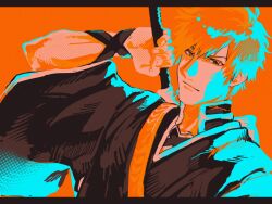 Rule 34 | 1boy, a nzi end, black border, black shirt, bleach, border, colored shadow, dutch angle, hair between eyes, highres, holding, holding weapon, japanese clothes, kurosaki ichigo, looking at viewer, male focus, orange eyes, orange hair, orange theme, polka dot shadow, shadow, shihakusho, shirt, solo, upper body, weapon, weapon on back, wide sleeves, wrist straps