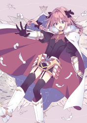 Rule 34 | 1boy, armor, armored dress, astolfo (fate), black bow, black dress, black thighhighs, bow, braid, cloak, dress, eyebrows, fang, fate/apocrypha, fate/grand order, fate (series), feathers, full body, fur-trimmed cloak, fur trim, gauntlets, gorget, hair bow, hair intakes, happy, highres, long braid, long hair, long sleeves, male focus, multicolored hair, open mouth, pink background, pink hair, puffy sleeves, purple eyes, satou iruno, shoes, simple background, single braid, smile, solo, streaked hair, thighhighs, trap, white cloak, white footwear